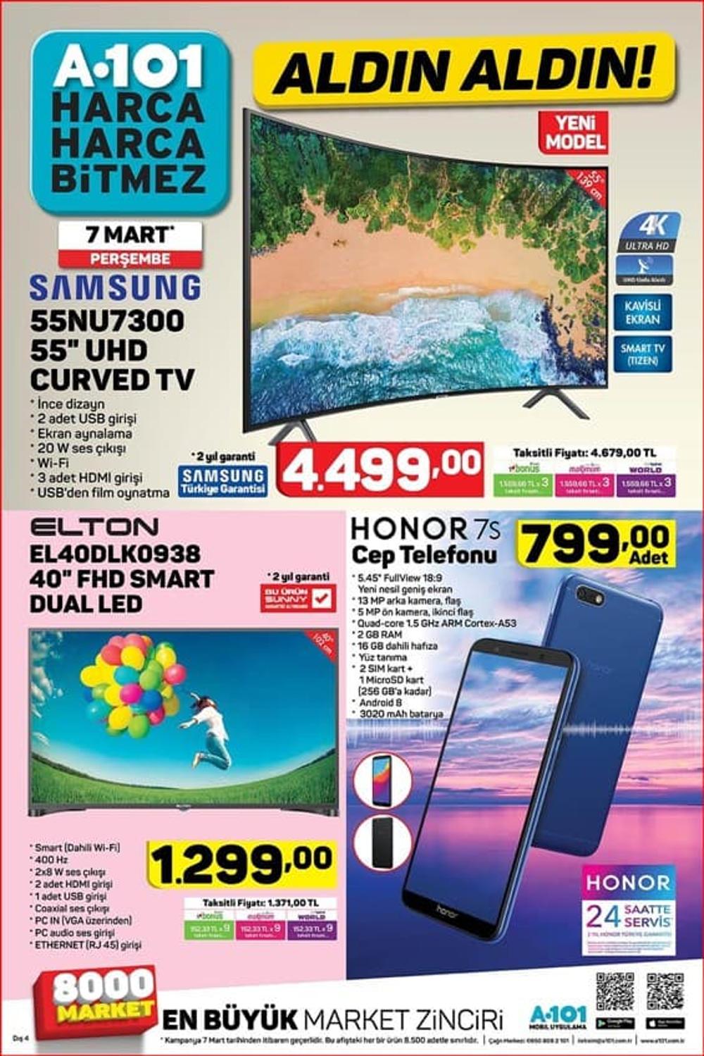 7 mart a101 aktuel honor cep telefonu